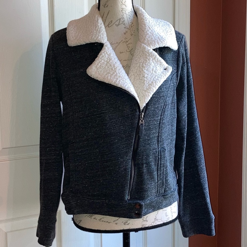 Faux Shearling Moto Style Sweatshirt Full Zip Casual Jacket Grey White sz Large